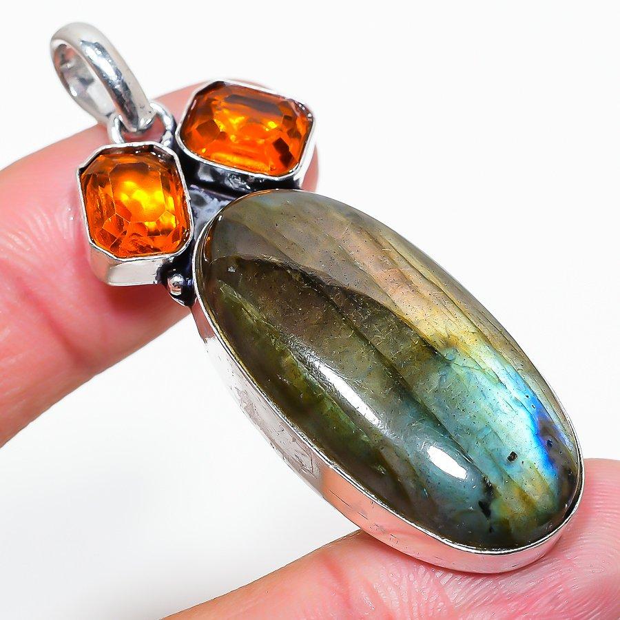 

Natural Labradorite, Citrine Gemstone 925 Sterling Silver Pendant 2.40 G7t13
