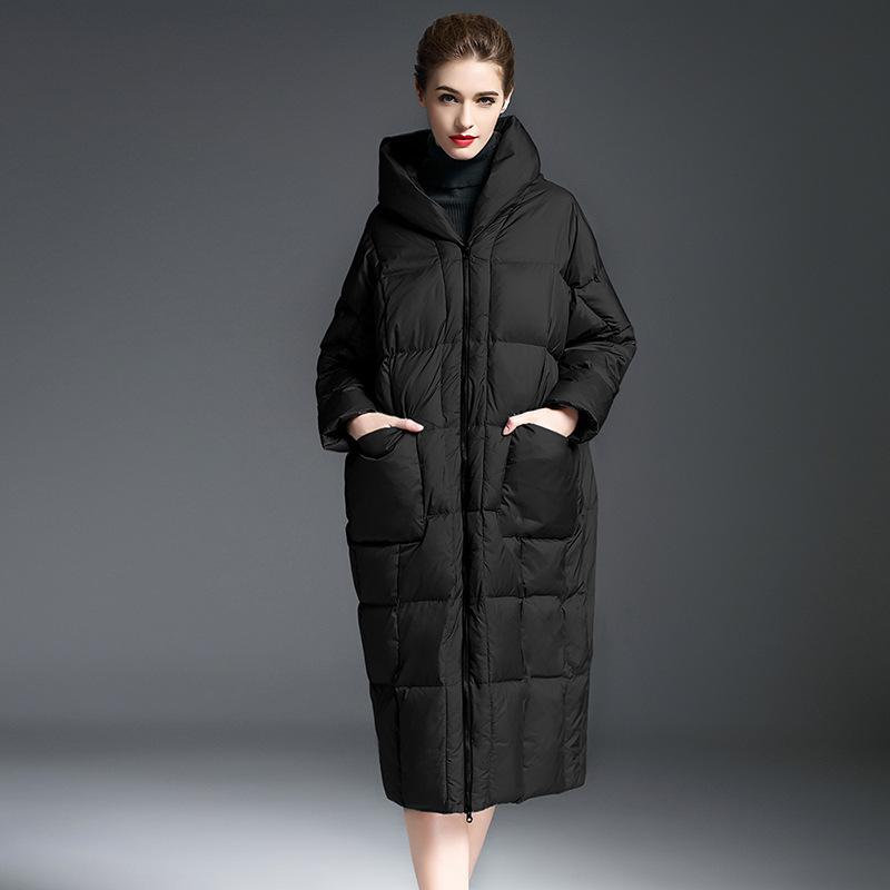 Europe Station high-end down jacket women's new winter long knee hooded white duck down thickened jacket tide