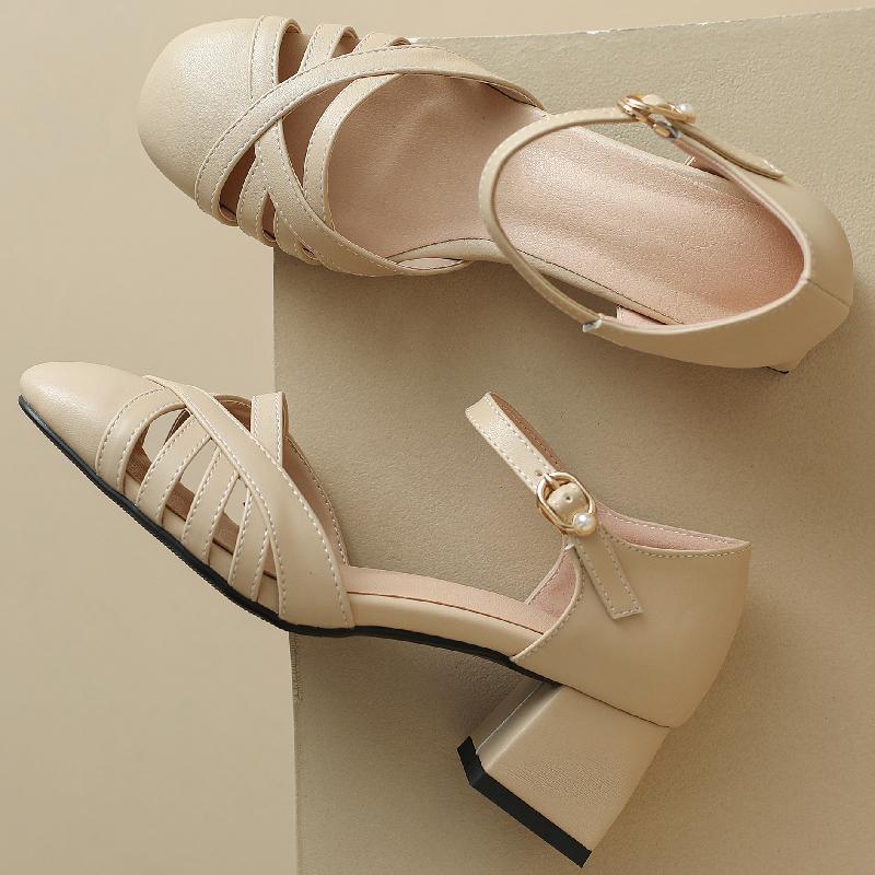 Elegant Women's Sandals Summer Close Toe Casual Medium Heel Ankle Strap Party Shoes Designer Comfortable Flip Flops For Girls