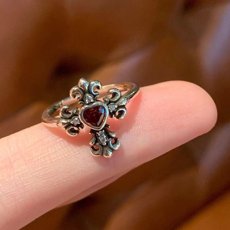 Vintage Y2k Gothic Red Crystal Cross Geometry Aesthetic Open Rings For Women Punk Creative Grunge Jewelry Accessories