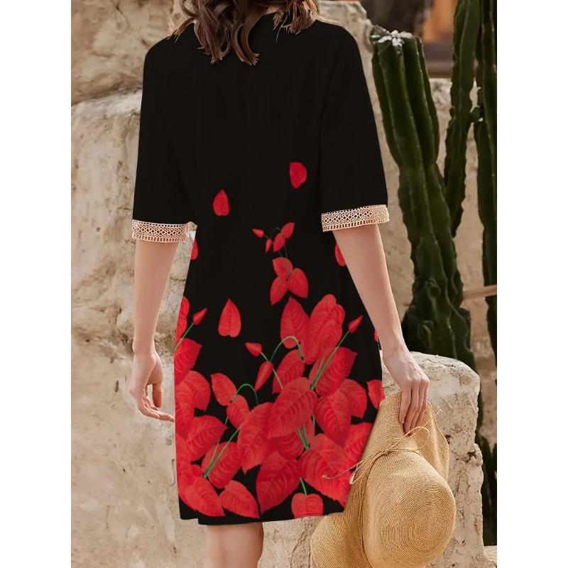 YYFS Women's Fashion Summer Spring Flower Pattern Print 1/2 Sleeves V-Neck Loose Waistline Casual Dresses