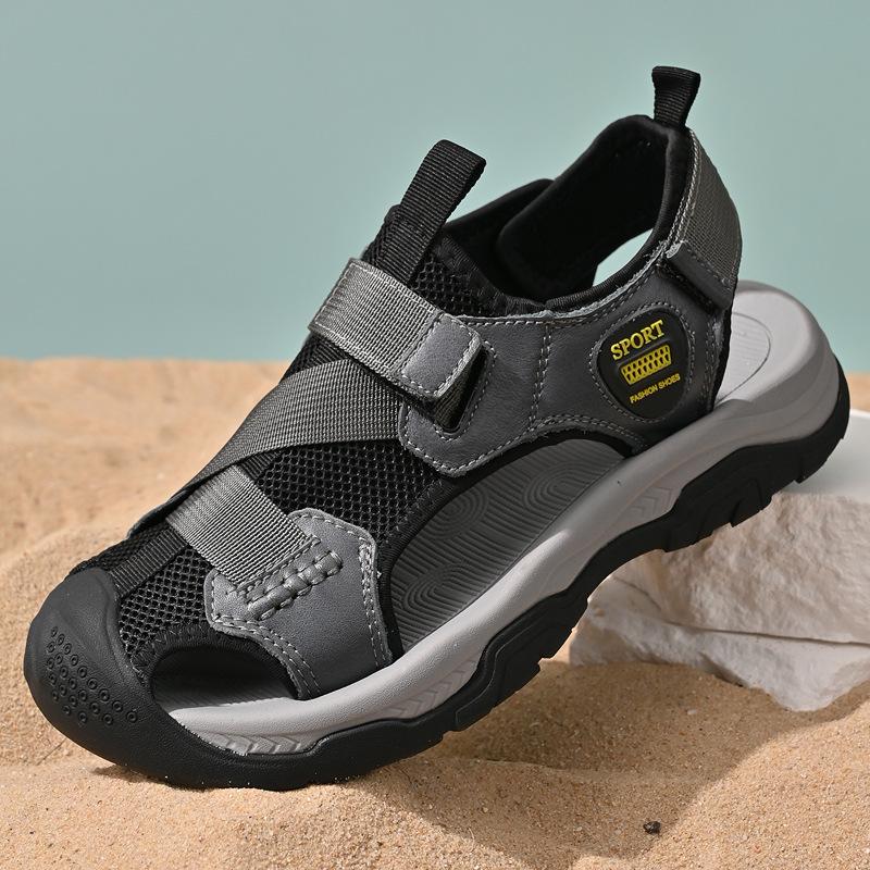 

Новые летние мужские сандалии большого размера, повседневные, пляжная обувь, сандалии с сумкой на голову, обувь ручной работы, противоударный носок 38