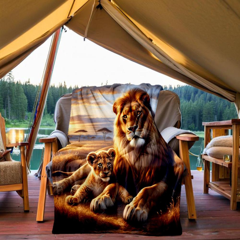 1pc Lion Cubs Flannel Blanket, Comfortable and Warm Blanket, for Camping Sofa Bed and Couch Office040