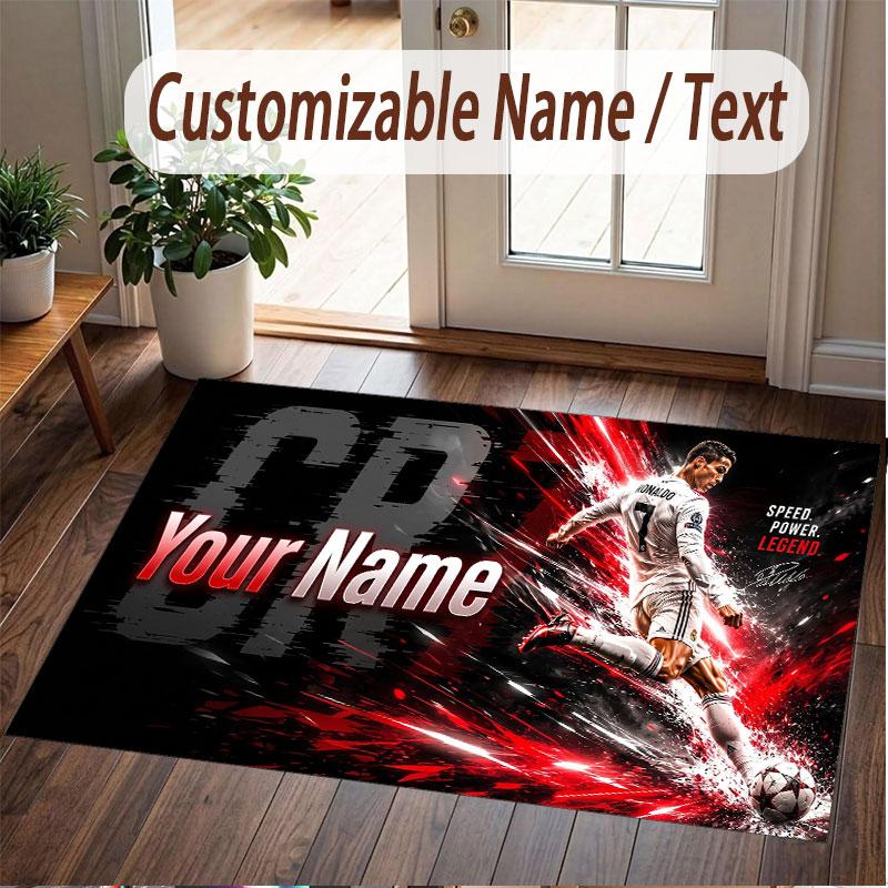 Custom Rug Cristiano Ronaldo Pattern Print Name Text Soft Non‑Slip Floor Carpet for Home Indoor Decoration