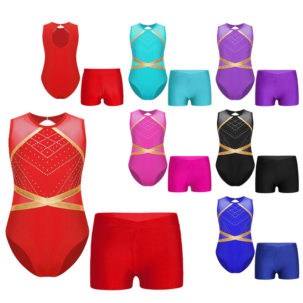 Kids Girls Glittery Rhinestones Dance Outfit Gymnastics Leotards Sleeveless Bodysuit with Shorts for Figure Skating Dance Wear