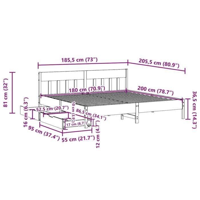 VidaXL Bed Frame with Headboard 180x200 Cm Solid Pine Wood, Bedroom Furniture, Slatted Base, Wooden Bed, Bed, 3301857