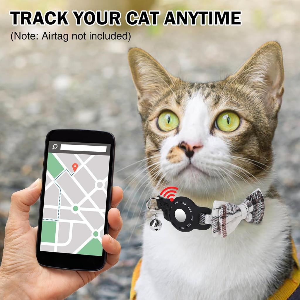 Airtag Cat Collar with Bells and Bowtie -Safety Elastic Band Kitten Collar for Apple Air Tag Holder- Cute GPS Cat Tracker Collars for Girl Boy Cats