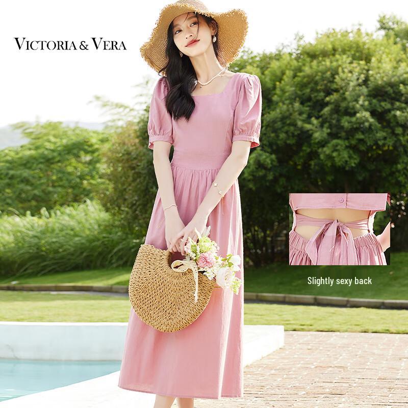 

VICTORIA&VERA Women s Square Neck Backless Puff Sleeve A-line Midi Dress M