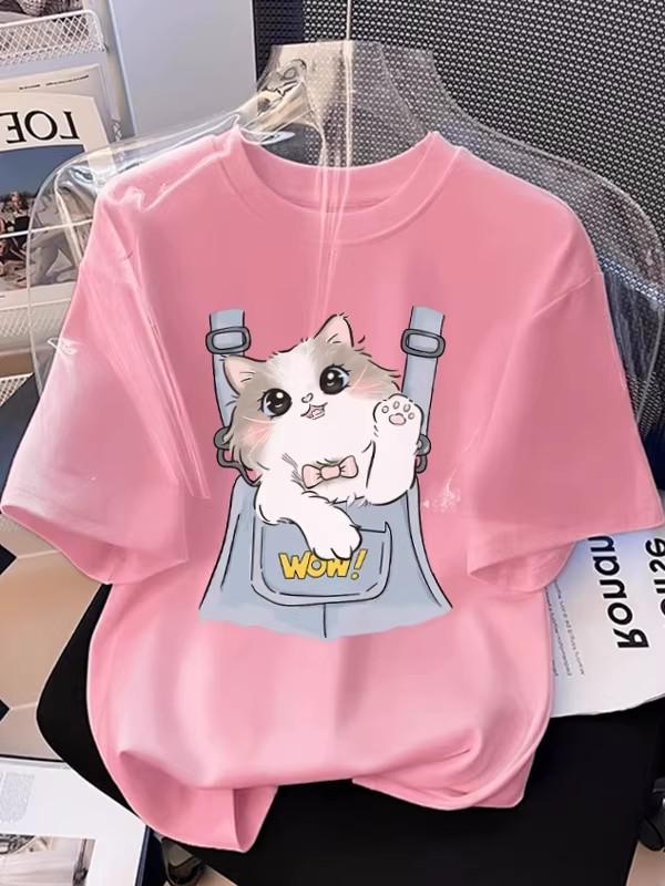 Cross-Border E-commerce Women's Cartoon Kitten Print Short-Sleeve T-Shirt, 2026 Summer, Plus Size, Loose Fit, Trendy Slimming Design.