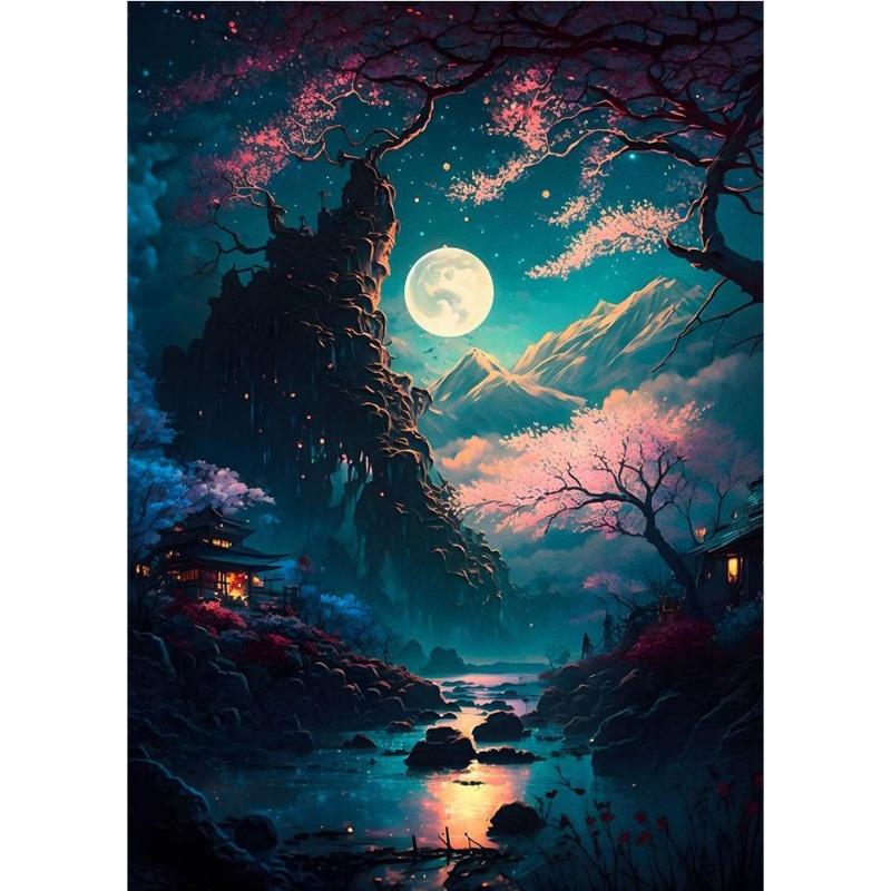 Japanese cherry color koi, fish, moonlake, magic art poster, canvas, painting, Japanese landscape, wall art for living room, home decor