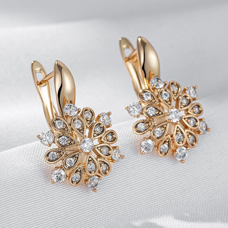 Rose Gold Color Crystal Flower Dangle Earrings For Women Shiny Natural Zircon Ethnic Bride Wedding Fine Jewelry