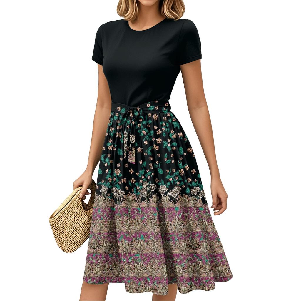 Mote Dame Casual Belte Kortermet Rund Hals Geometrisk Trykk Spleiset Elegant Temperament Kjoler