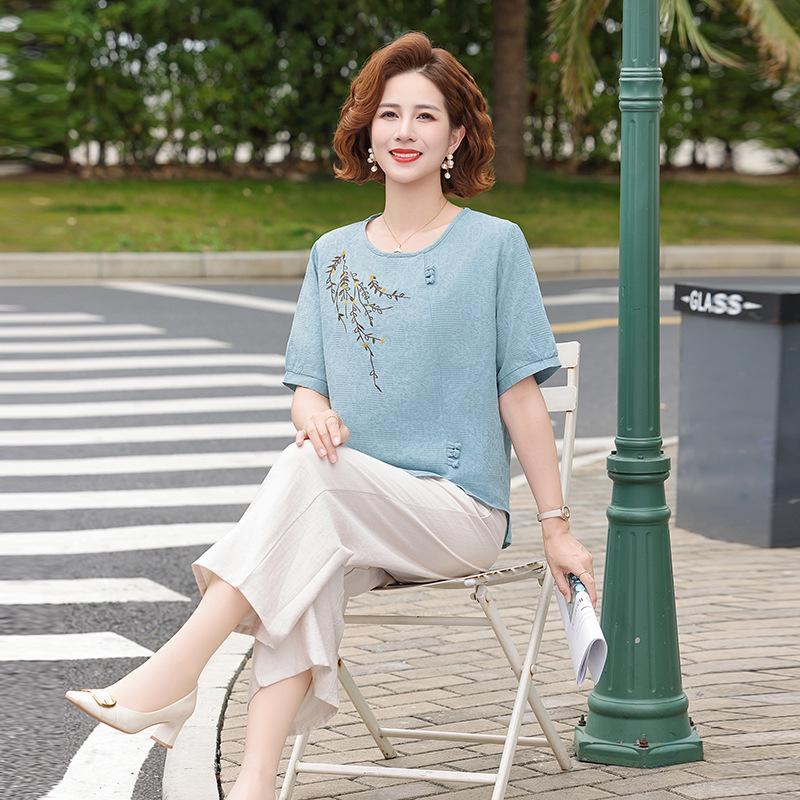 2026 New Summer Cotton & Linen Maternity Set: Stylish Short-Sleeve T-Shirt for Women, Middle-Aged & Elderly 3XL