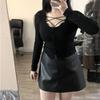 Plus Size Women's High Waist Black PU Leather A-line Skirt – Slimming Petite Autumn Hip-Wrap Short Skirt