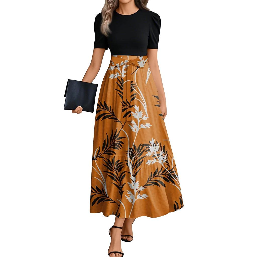 Women's Fashion Casual Belted Round Neck Short Sleeve Floral Patchwork Elegant Dresses