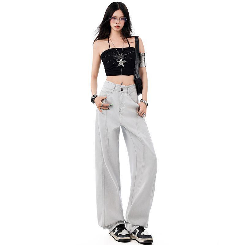 Spring Summer Lace Trim Raised Side Seam Design Slim Relaxed Saber Cut High Waist Denim Pants For Women Casual Pants Oversize Denim Trousers