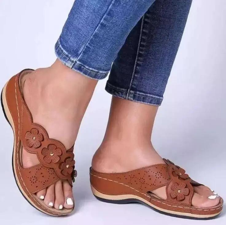 XIHAHA Women Shoes Flat Sandals Beach Wedge Ladies Sweet Flower Sandals Solid Color Durable Shoes Soulier Girls Slippers Sneaker