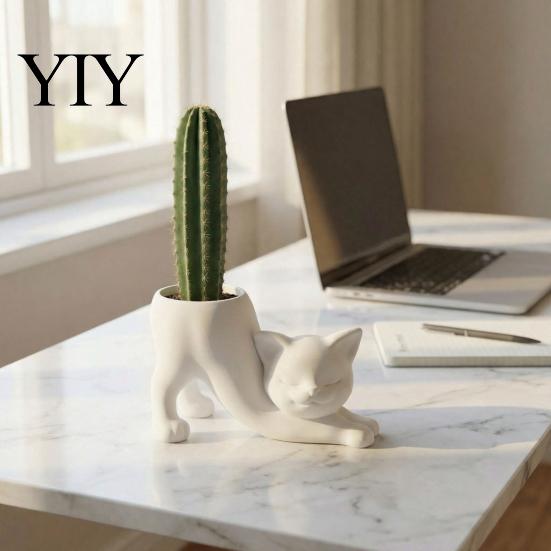 Minimalist Cream Decor 3D Printed Stretching Cat Planter Pot, Cute Kitty Succulents Creative Small Cactus Flowerpot Animal Flowerpot, Lovely