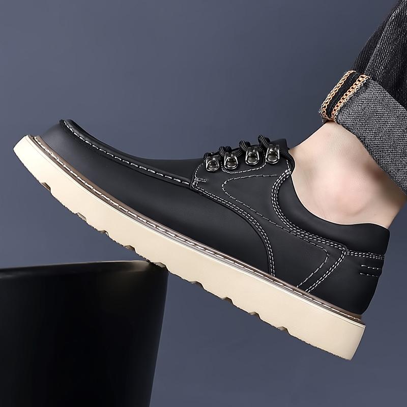 Mens Retro Stitch Leather Work Shoes Lace Up Platform Sole Non Slip Casual Oxford Outdoor Walking Business Footwear Fall Winter