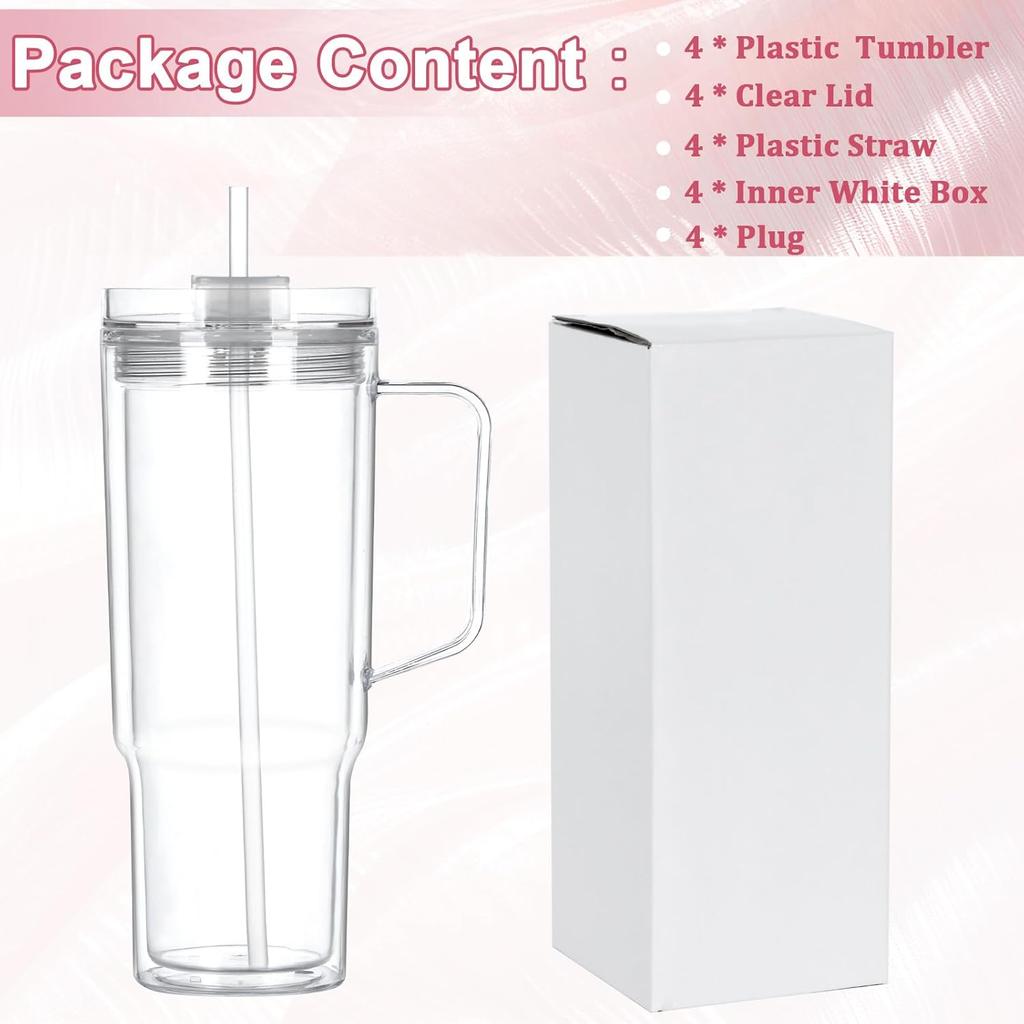 40 Oz Acrylic Snowglobe Tumbler with Handle, 4 Pack Pre-Drilled Double Wall Acrylic Clear Cup Tumbler for Glitter Snow Globe Diy