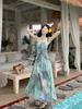 Women’s Summer Retro French Tie-Dye Spaghetti Strap Ruffle A-Line Maxi Dress