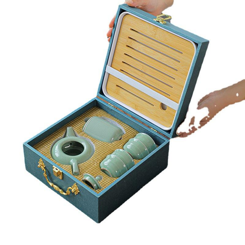 Travel Portable Kung Fu Tea Set Gift Tea One Pot Four Cups Tea Tray Office Porcelain Carving