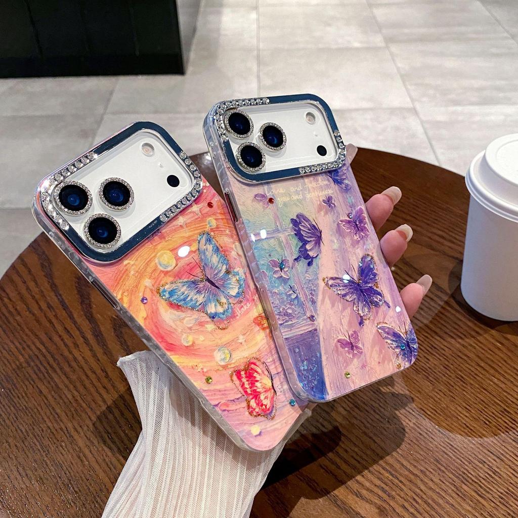 Custodia per Telefono Pittura a Olio Artistica con Farfalle per Apple 17 Pro Max & 16 Pro - Design Unico con Ampia Apertura