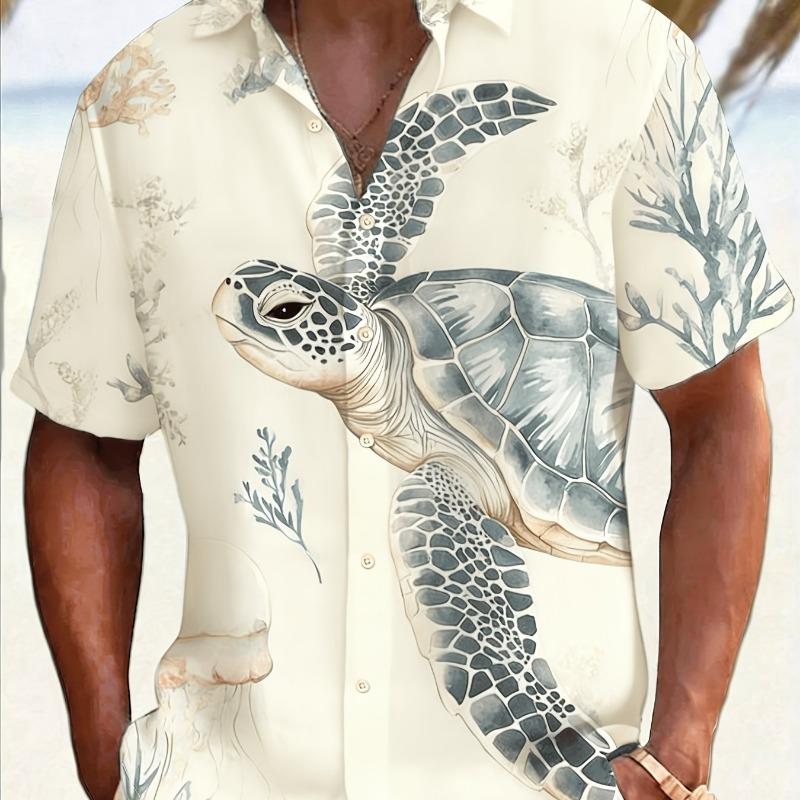 Men's Simple Hawaiian Print Button-Down Shirt -, Summer Vacation and Resort Wear
