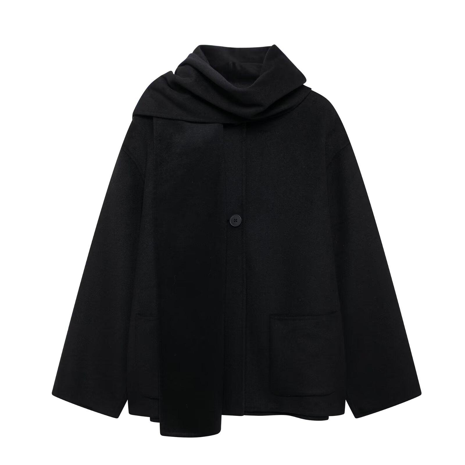 

2024 Winter Fashion Wool Coat with Scarf Trim - Versatile Loose-Fit Long Sleeve Outerwear Extra Small