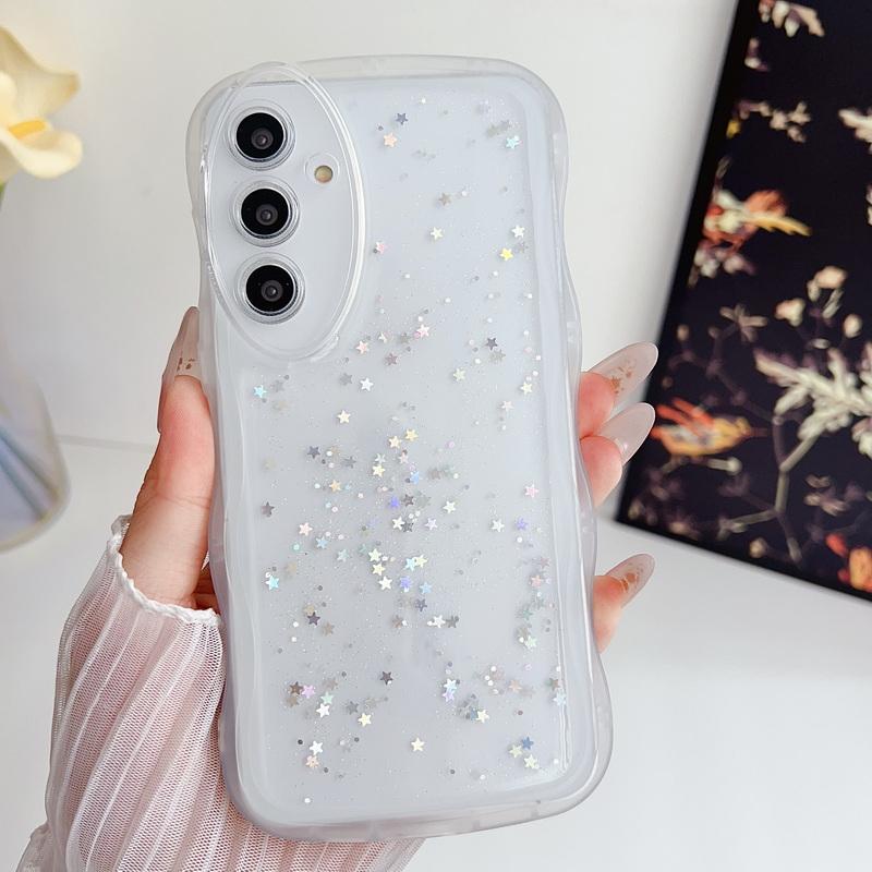 Roztomilý průhledný třpytivý obal s kapkovým lepidlem ve tvaru hvězdy pro Samsung S24 Plus S23 S22 S21 Ultra S20 Fe A16 A06 A55 A54 A53 A52 A35 A15 A14 Nárazuvzdorný vlnitý kryt na telefon