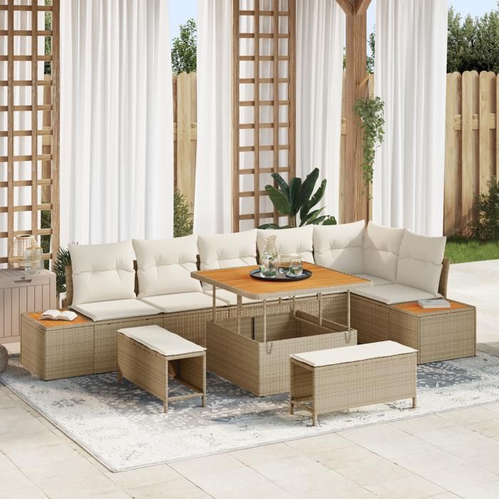 VidaXL 9-Piece Garden Sofa with Beige Cushions In Poly Rattan Acacia 3364876