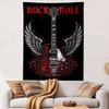 Rock and Roll Winged Electric Guitar Wall Tapestry Red Filigree Ornament Black Background Decor for Music Room Man Cave Gift