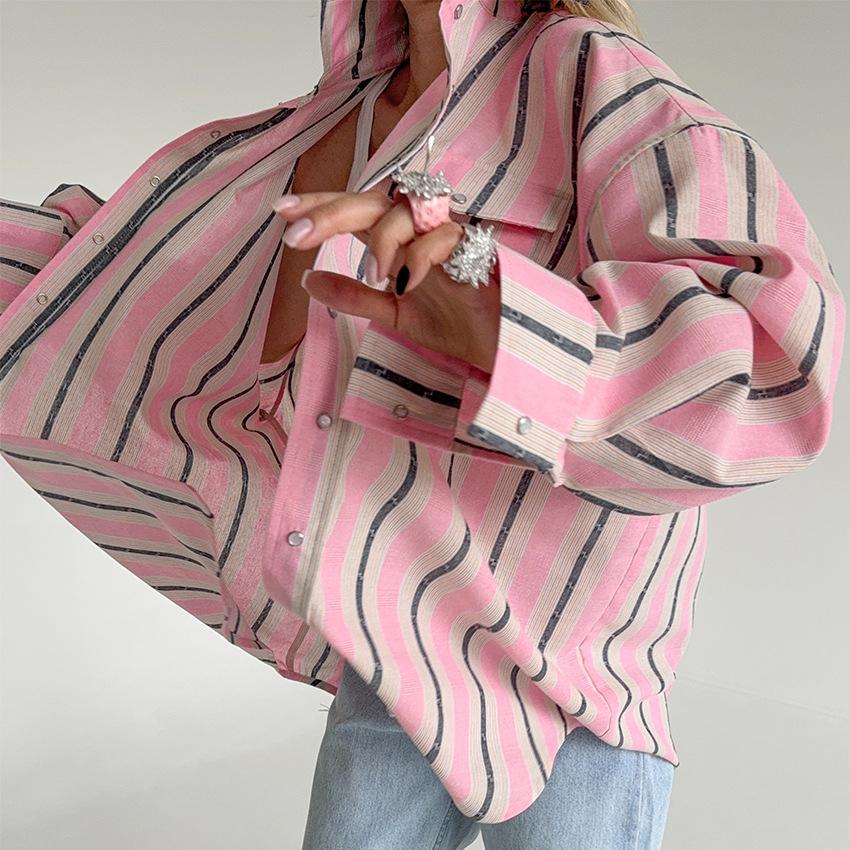 French Vintage Lapel Striped Shirt, Relaxed Style, Loose Casual Long-sleeve Shirt, Fashionable Versatile Color-block Cardigan