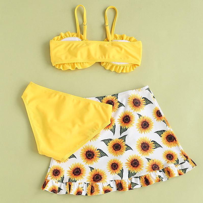 2025 Girls' Solid Color Flounce Three-Piece Swimsuit with Mesh Skirt