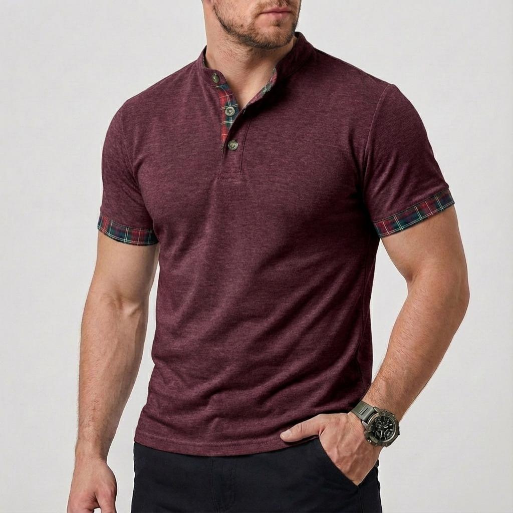 Men's Casual and Fashionable Color-blocked Checkered Shirt, Men's Short-sleeved Stand-up Collar Fitted Top