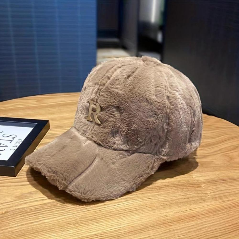 Fur Faux Baseball Cap Classic Letter R Embroidery Warm Plush Dad Hat Breathable Adjustable Winter Sun Hats For Women Outdoor