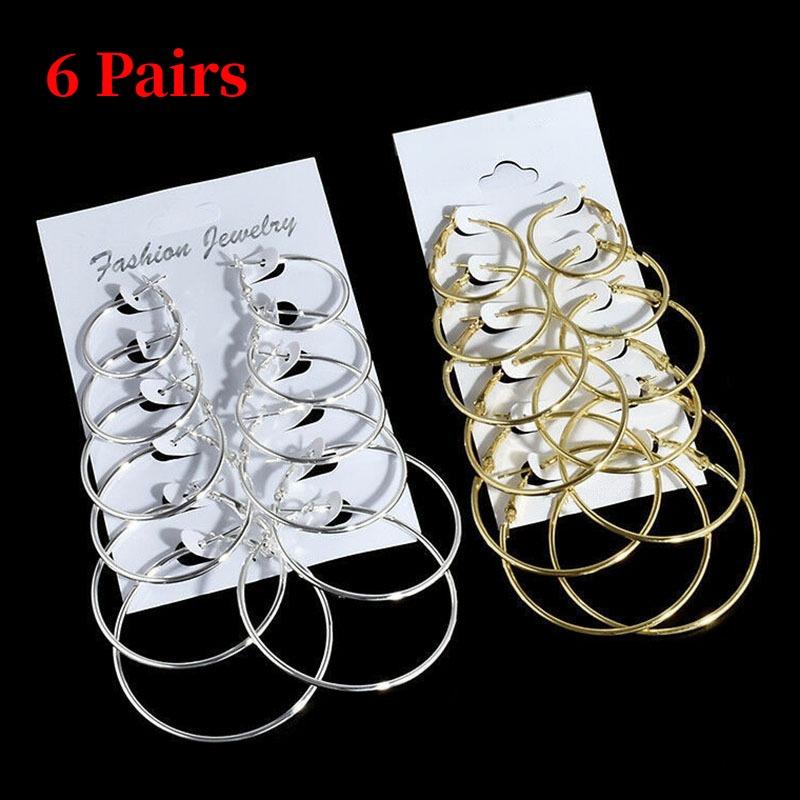 12Pcs/6Pairs Simple Punk Hoop Earrings Set Big Circle Earrings for Women Girls Ear Hoop Earring Oversized Zircon Accessories
