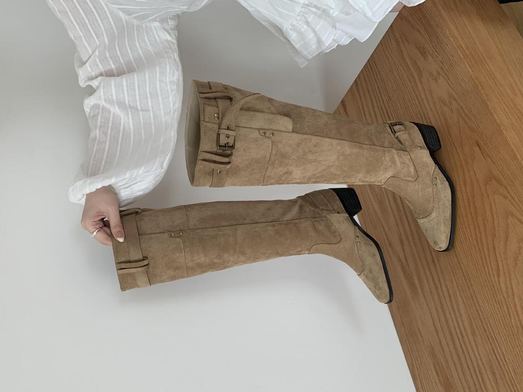 In-Stock Western Suede Cowboy Boots: Wide Shaft, Chunky Heel, Square Toe, Versatile, Wrinkled Slouch Design