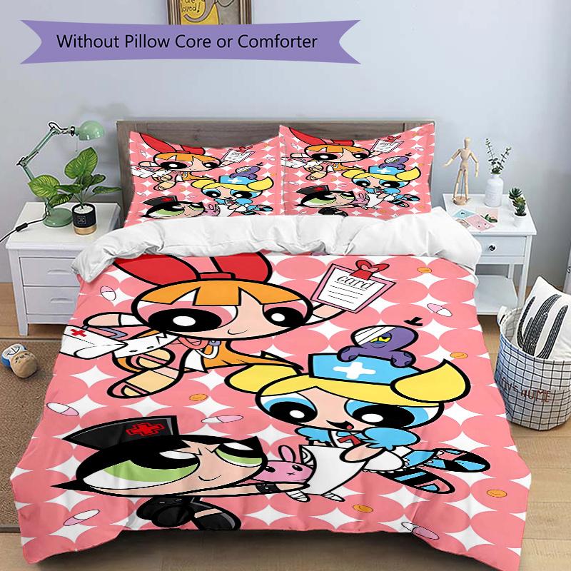 3pcs Powerpuff Girls Printed Quilt Set - Includes 1 Quilt Cover and 2 Pillowcases, Machine Washable - Suitable for All Seasons.F068