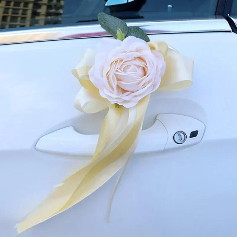 Creative Wedding Car Decor Flower Door Handles Rearview Mirror Decorate Rose Artificial Floral Accessories Marriage Props Gift