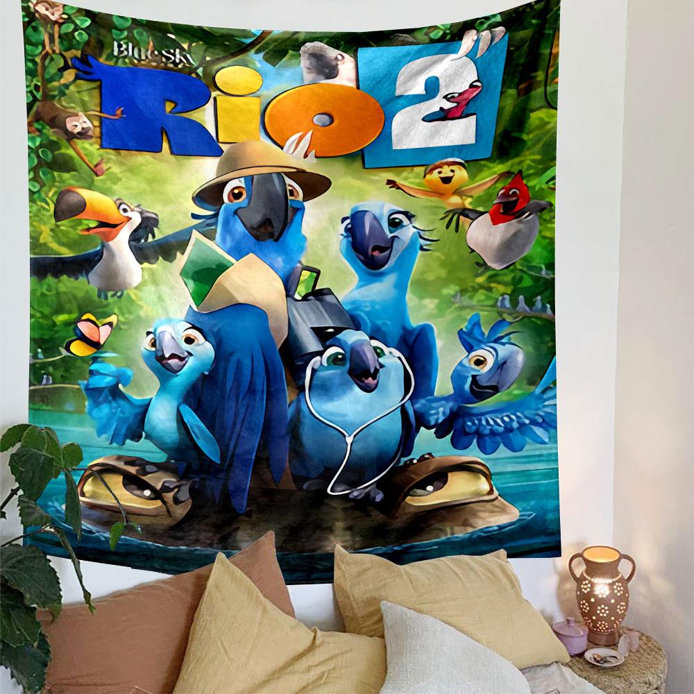 Rio 2 Movie Tapestry Wall Hanging, Blue Macaw Jungle Family Art, Colorful Cartoon Wall Decor for Kids Bedroom Playroom
