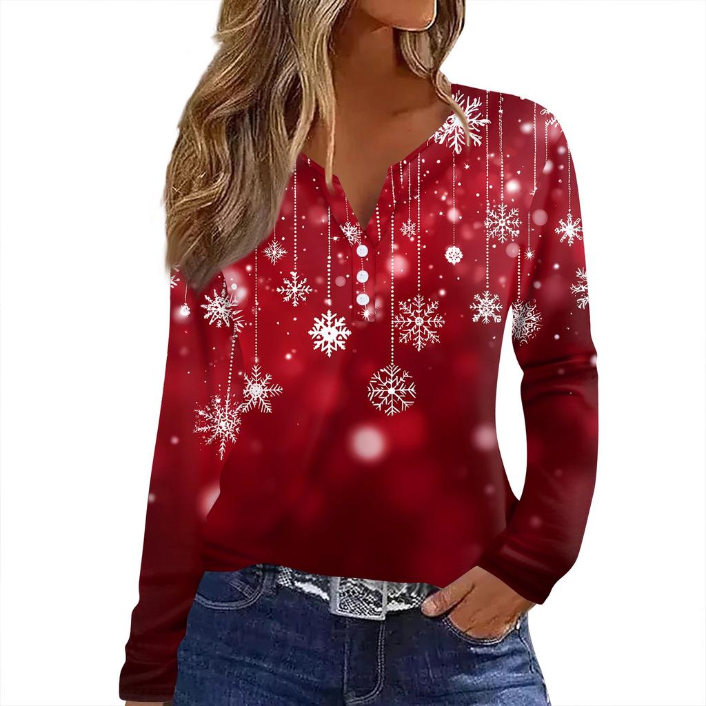 Camiseta de Mujer Estampado Navideño Botón Manga Larga Diario Fin de Semana Moda Básica Cuello en V Regular Top