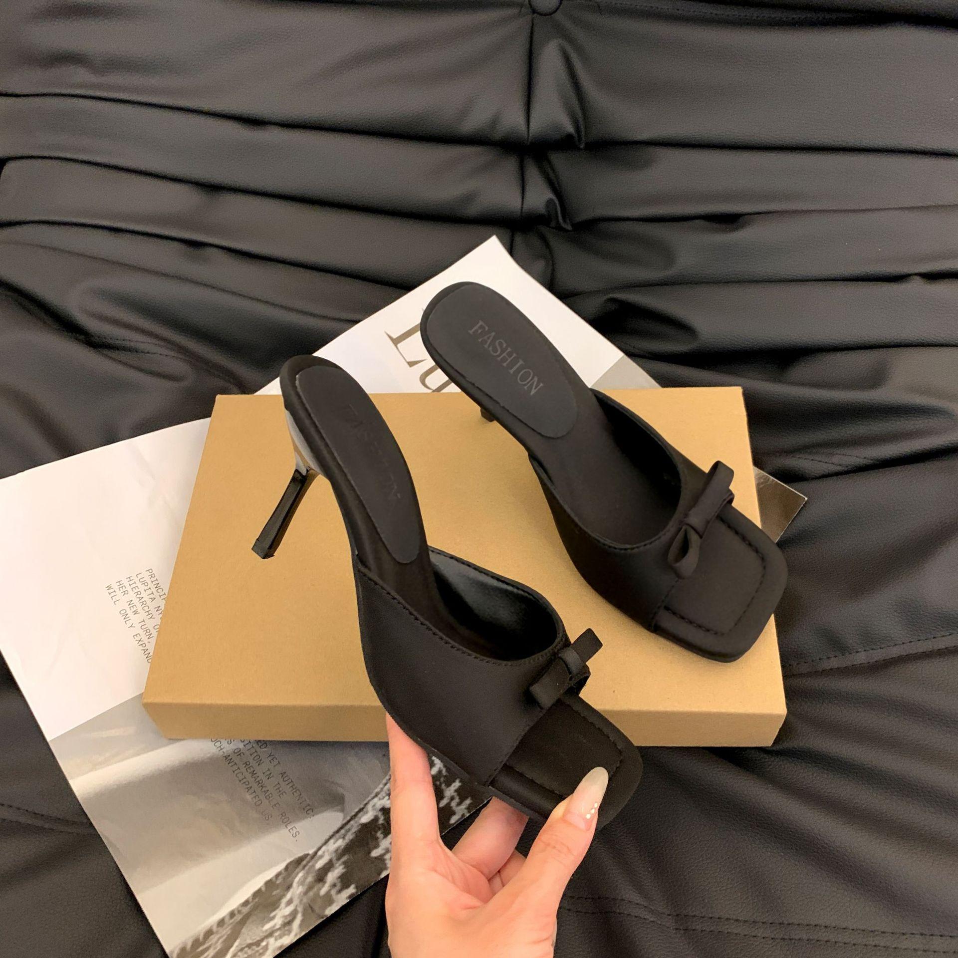

Fashion High Heeled Slippers for Women 2025 Summer New Style for Wearing Black High Heels and Bow Sandals for Womens Luxury Sandals 35