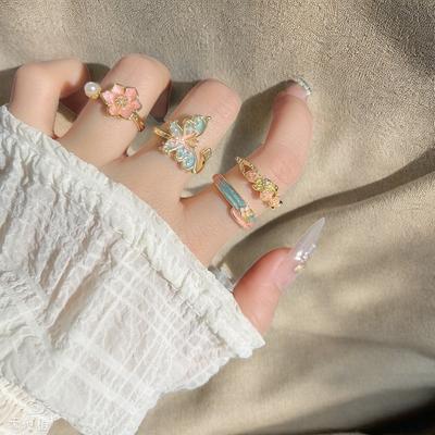 Gold Enamel Oil Drop Butterfly Open Ring Niche Design Flower Color Personality Ring Female