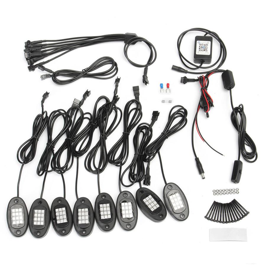 

8 шт. RGB светодиодные фонари для украшения шасси автомобиля, внедорожника, роковые фонари, управление через Bluetooth-приложение