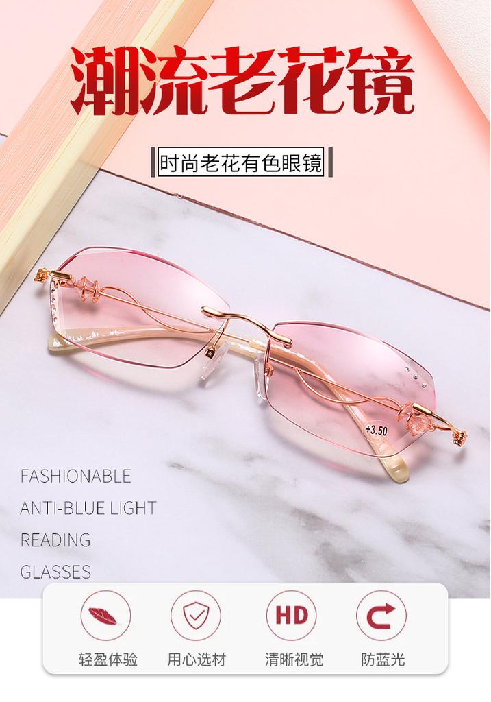 Diamond Cutting Reading Eyeglasses Alloy Rimless Women Pink Gradient Reading Glasses Woman Rhinestone Metal Anti Blue +3.0