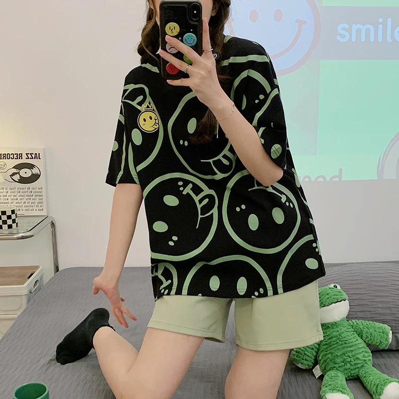 Summer Woman Pajama Cotton Cartoon Sleepwear Orange Cartoon Printing Pyjamas Set Young Lady Shorts Pullover Lingeries