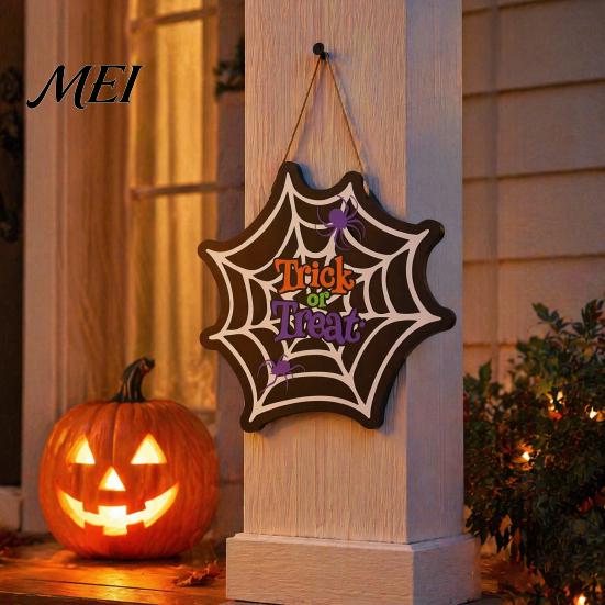 Spooky Home Party Supplies Wooden Halloween Door Hanger Sign, Spider Web Hanging Trick Gift for Friends or Treat Plaque, Rustic Farmhouse Entryway