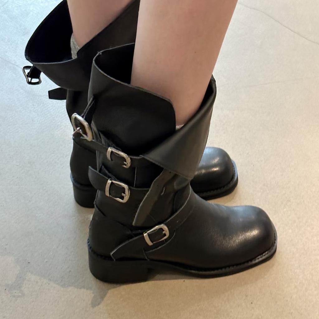 Cowhide version~ Belt buckle leather black Martin boots for women, square head thick-soled medium boots, thin knight boots