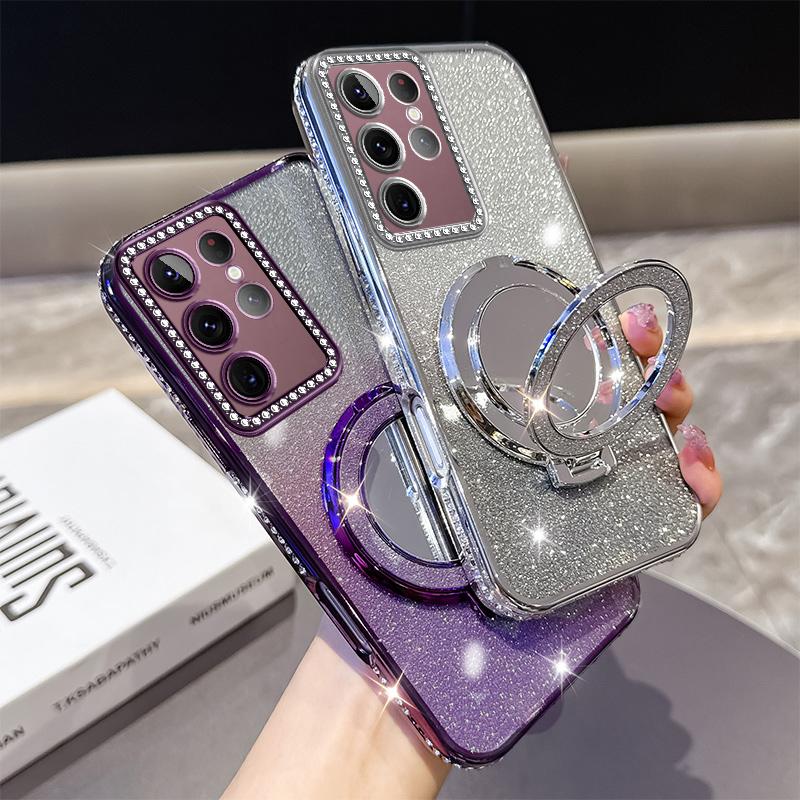 KEYSION Glitter Jewelled Magnetic Phone Case for Samsung Galaxy S22 Ultra S21+ Plus S20 FE Makeup Mirror Stand Shockproof Cover